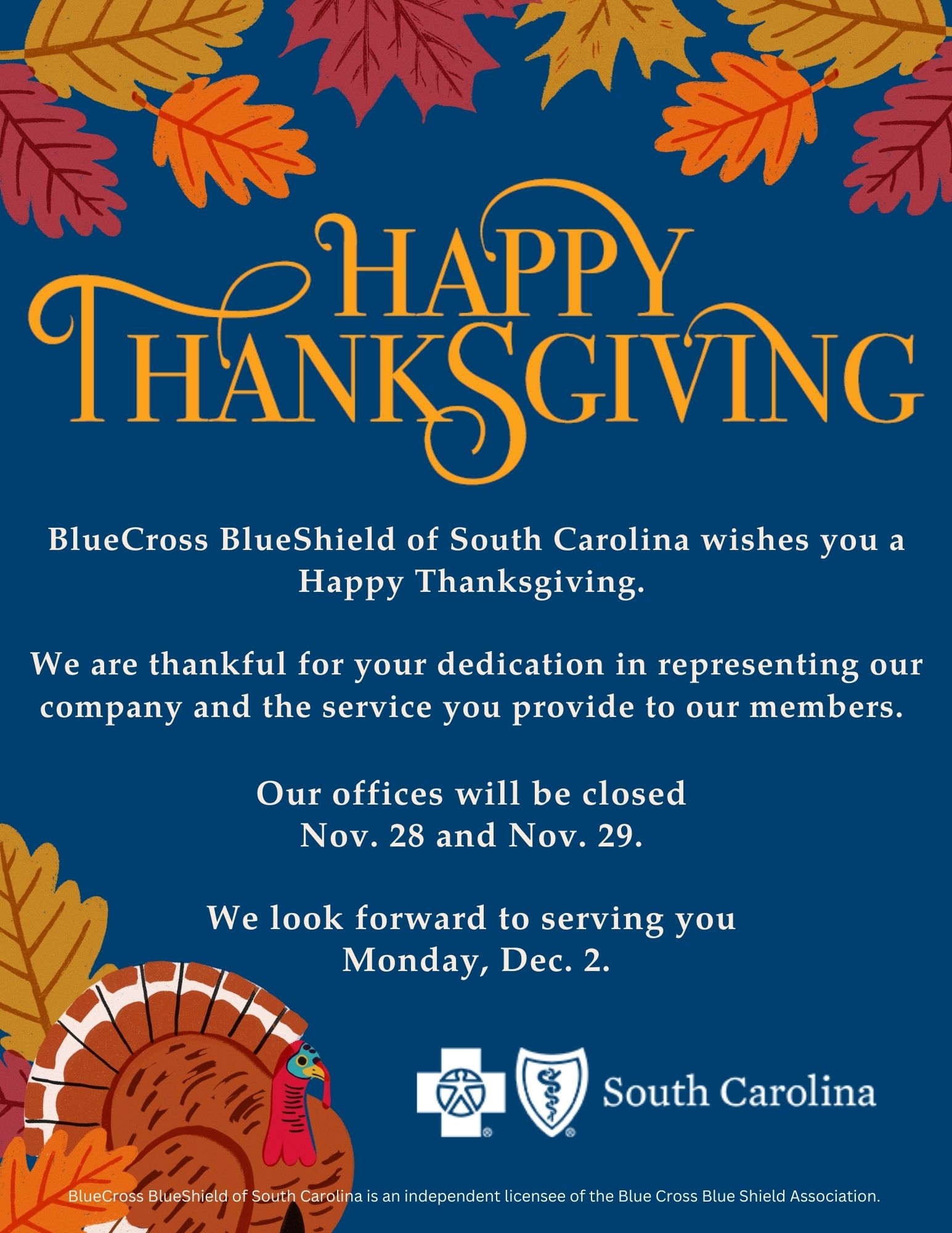 Happy Thanksgiving from BlueCross BlueShield of South Carolina